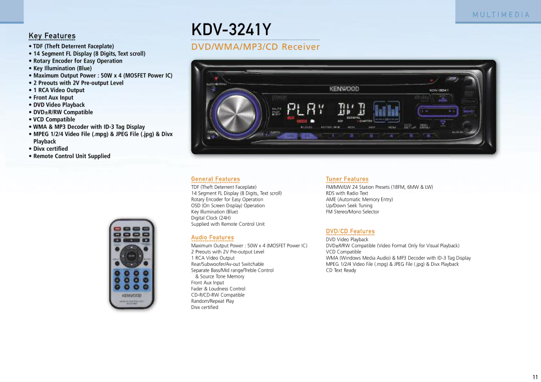 Kenwood Car Entertainment System manual KDV-3241Y, DVD/WMA/MP3/CD Receiver, Audio Features 