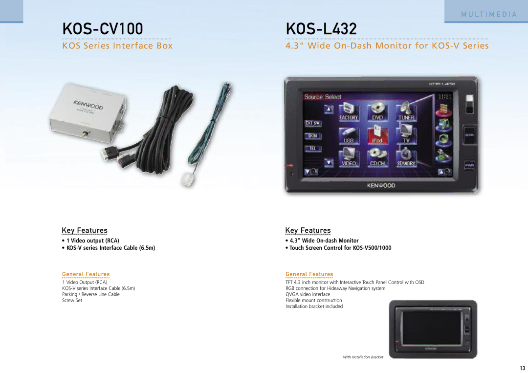 Kenwood Car Entertainment System manual KOS-CV100KOS-L432, Key Features 