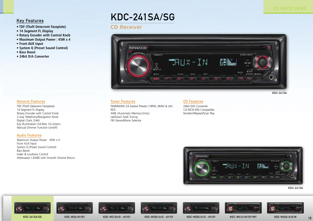 Kenwood Car Entertainment System manual KDC-241SA/SG, CD Receiver, General Features Tuner Features CD Features 