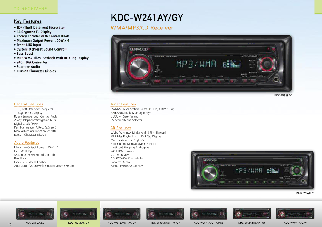 Kenwood Car Entertainment System manual KDC-W241AY/GY, WMA/MP3/CD Receiver 