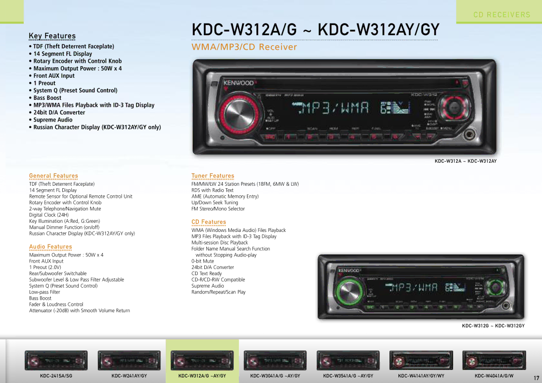 Kenwood Car Entertainment System manual KDC-W312A/G ~ KDC-W312AY/GY, Maximum Output Power 50W x 4 Front AUX Input 