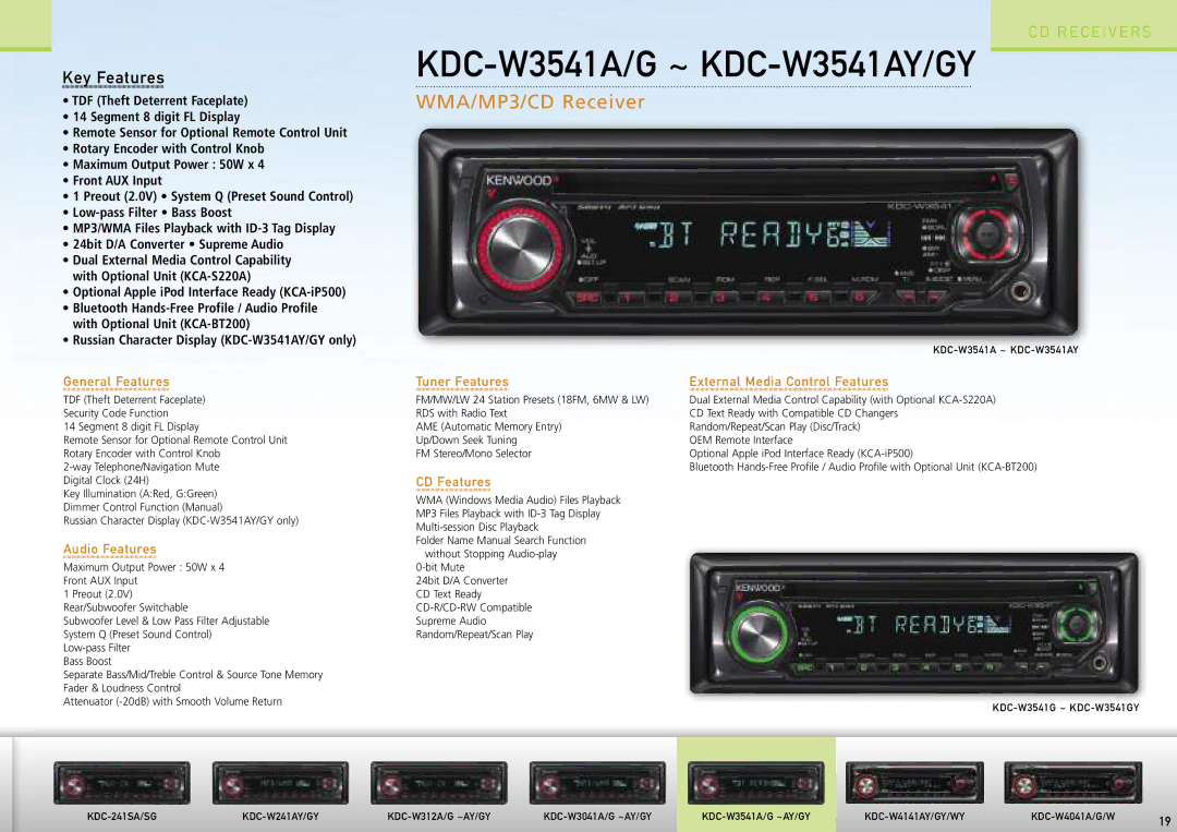 Kenwood Car Entertainment System manual KDC-W3541A/G ~ KDC-W3541AY/GY, Tuner Features External Media Control Features 