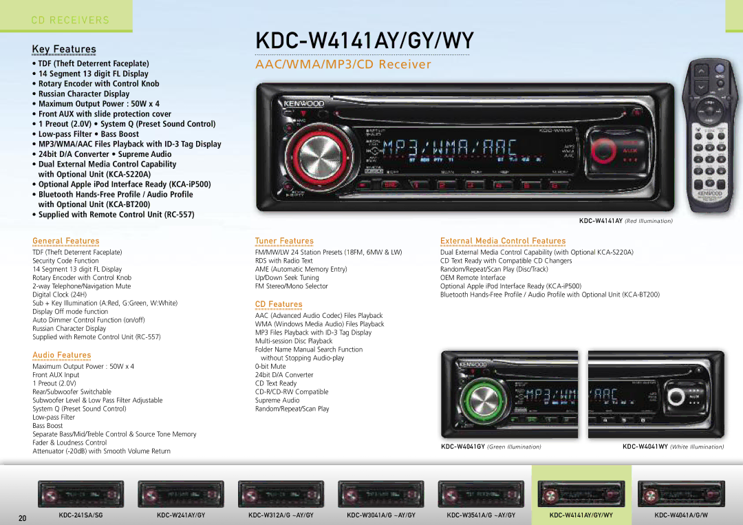 Kenwood Car Entertainment System manual KDC-W4141AY/GY/WY, AAC/WMA/MP3/CD Receiver 