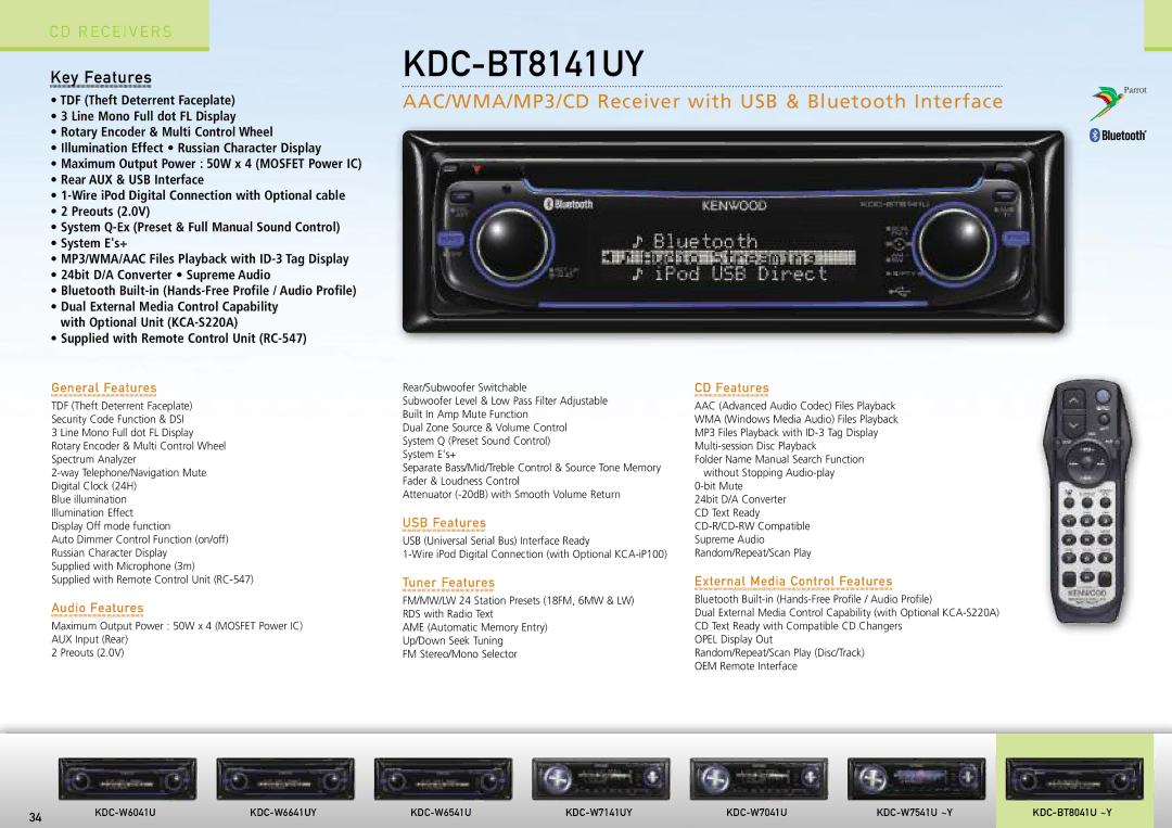 Kenwood Car Entertainment System manual KDC-BT8141UY, AAC/WMA/MP3/CD Receiver with USB & Bluetooth Interface 