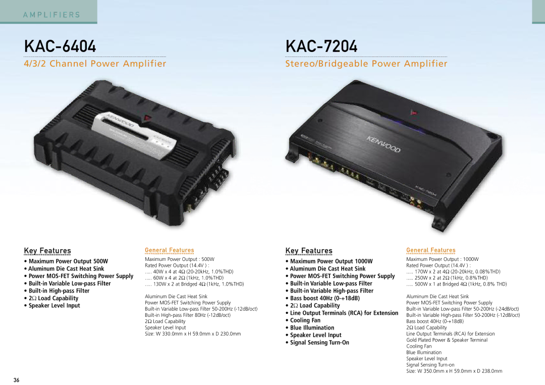 Kenwood Car Entertainment System manual KAC-6404KAC-7204, Channel Power Amplifier Stereo/Bridgeable Power Amplifier 