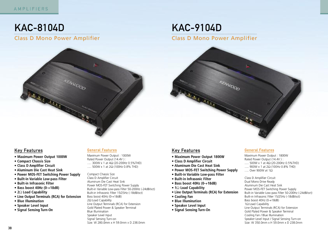 Kenwood Car Entertainment System manual KAC-8104DKAC-9104D, Class D Mono Power Amplifier 