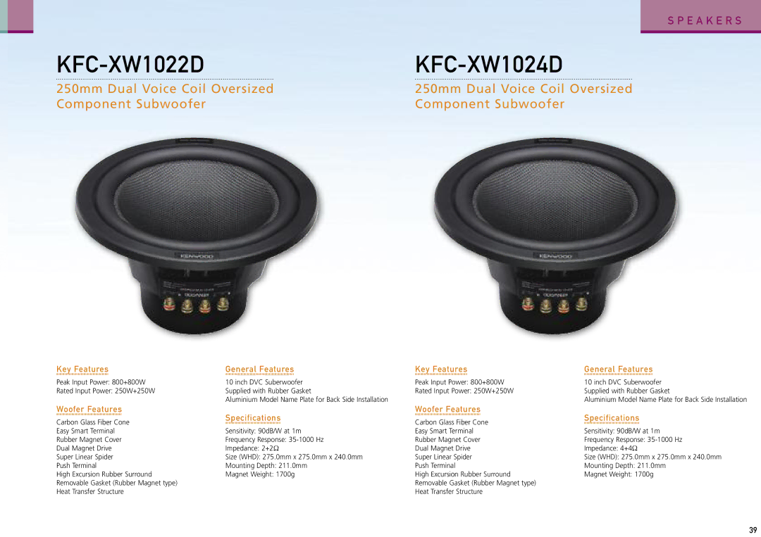 Kenwood Car Entertainment System manual 250mm Dual Voice Coil Oversized Component Subwoofer, Key Features General Features 