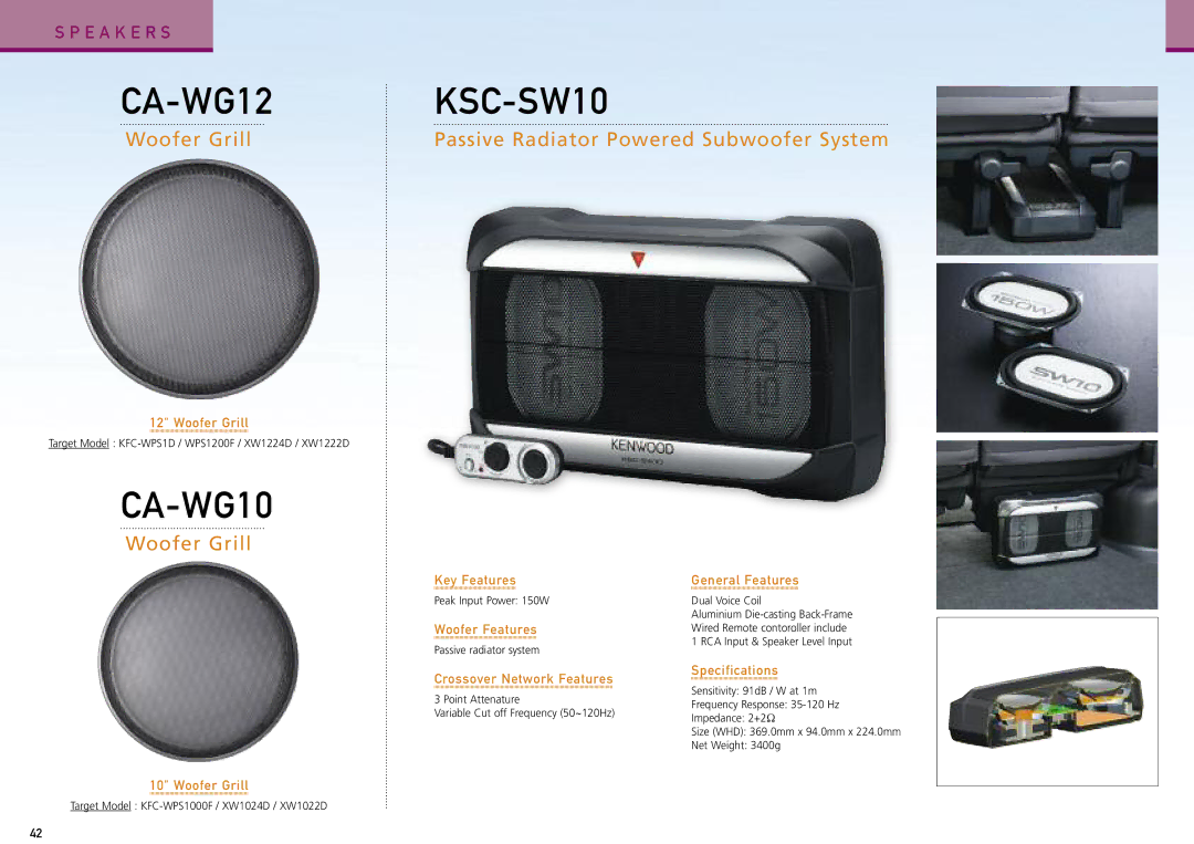 Kenwood Car Entertainment System manual CA-WG12 KSC-SW10, CA-WG10, Woofer Grill Passive Radiator Powered Subwoofer System 