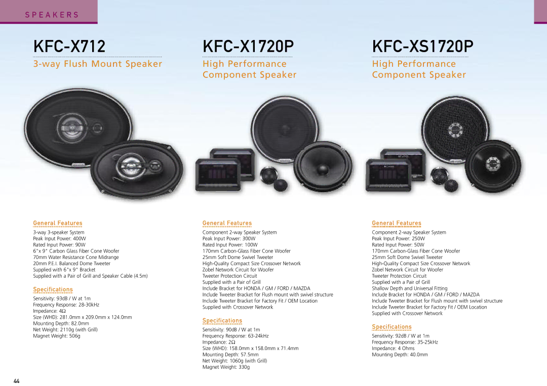 Kenwood Car Entertainment System manual KFC-X712 KFC-X1720P, Way Flush Mount Speaker High Performance Component Speaker 