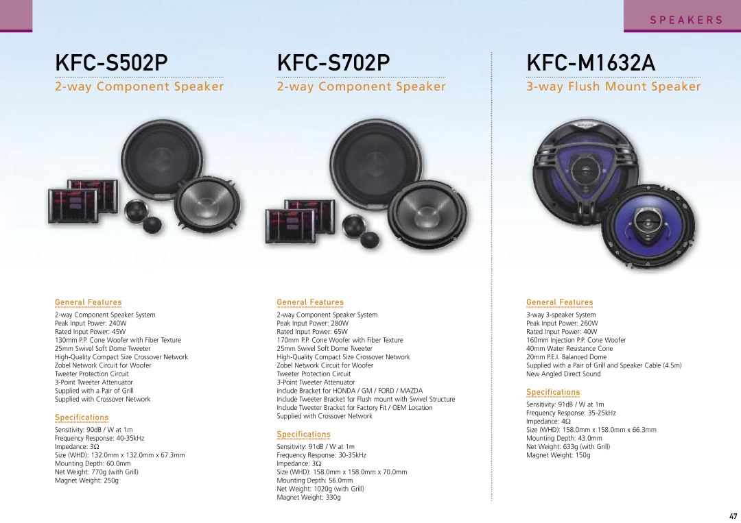 Kenwood Car Entertainment System manual KFC-S502P KFC-S702PKFC-M1632A, Way Component Speaker Way Flush Mount Speaker 