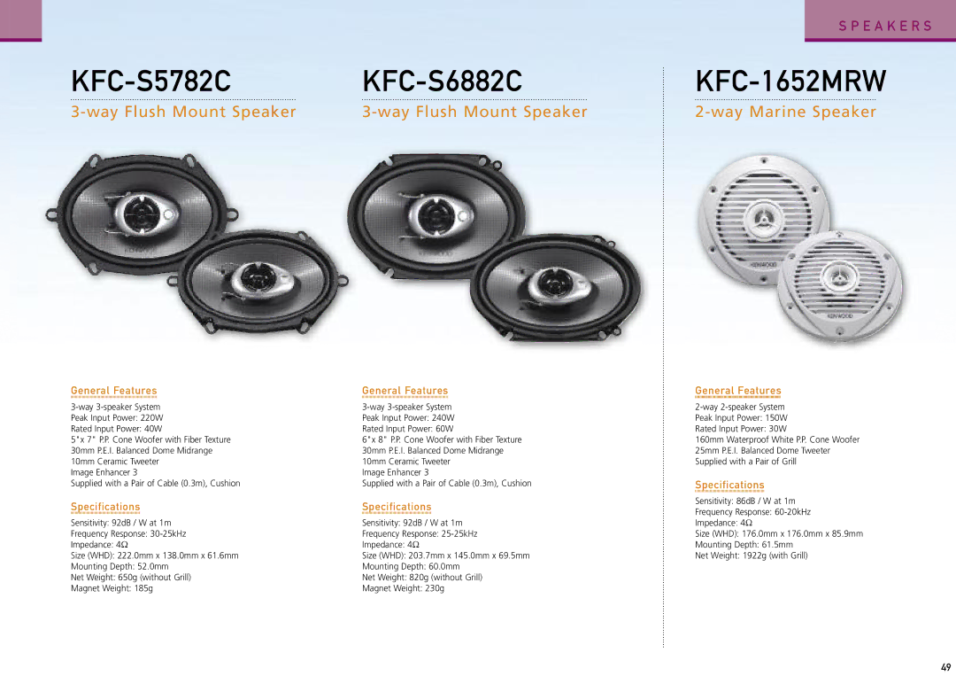 Kenwood Car Entertainment System manual KFC-1652MRW, Way Flush Mount Speaker Way Marine Speaker 