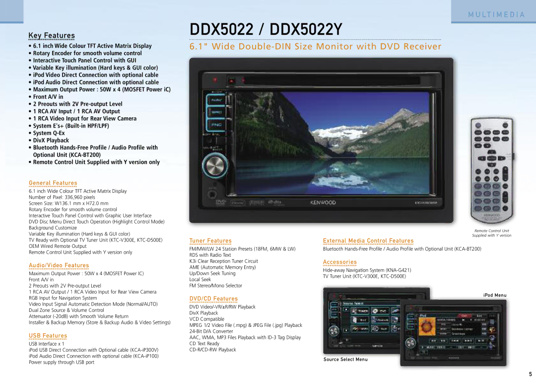 Kenwood Car Entertainment System manual DDX5022 / DDX5022Y, Wide Double-DIN Size Monitor with DVD Receiver 