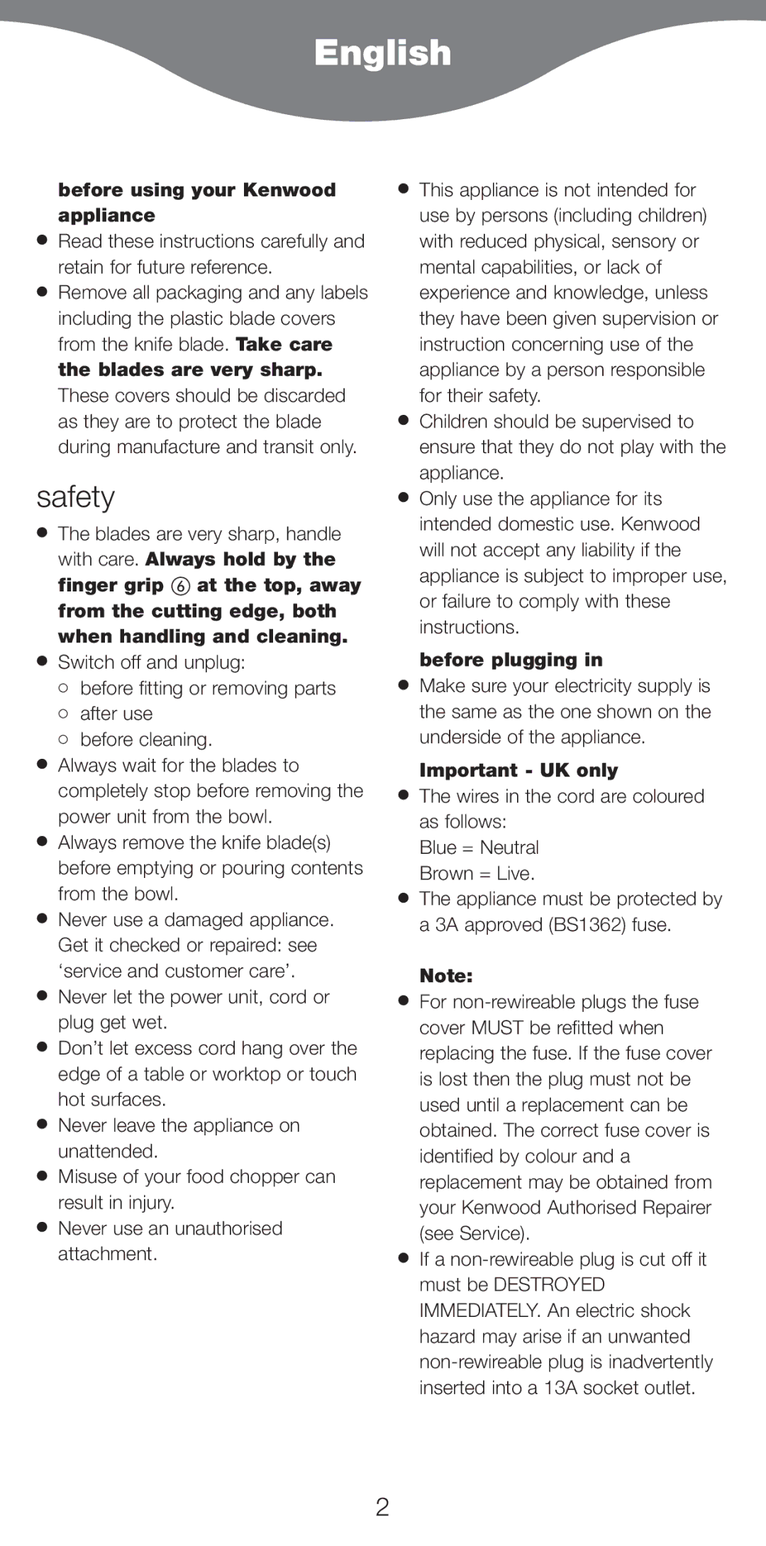 Kenwood CH580 series manual Safety, Before using your Kenwood appliance, Before plugging, Important UK only 