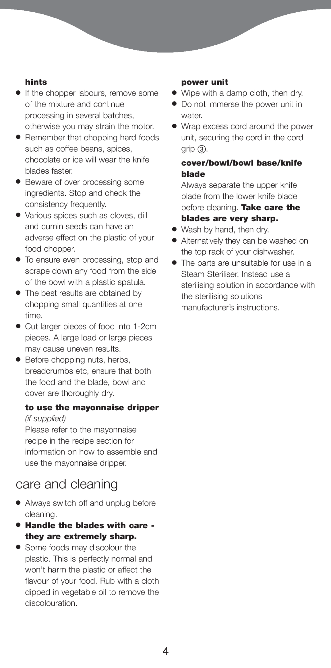 Kenwood CH580 series manual care and cleaning, hints, to use the mayonnaise dripper if supplied, power unit 