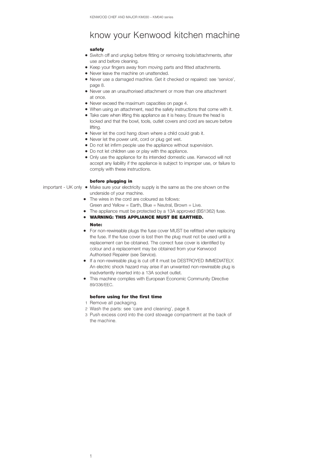 Kenwood Chef KM030 series/Major KM040 series manual Know your Kenwood kitchen machine, Safety, Before plugging 