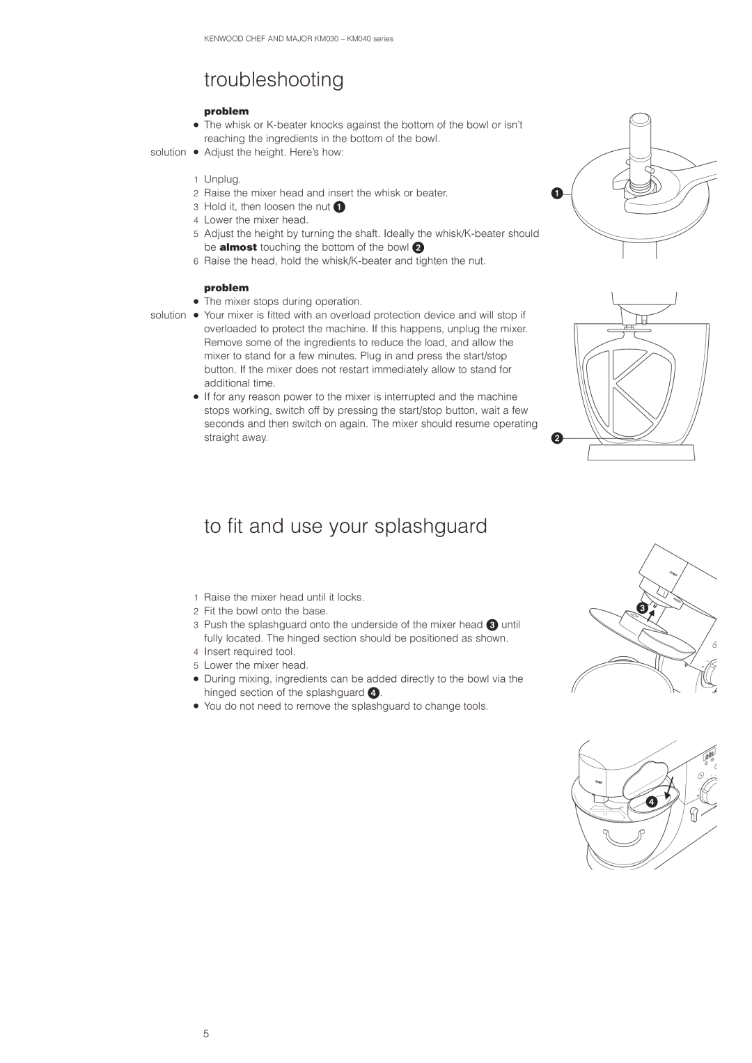 Kenwood Chef KM030 series/Major KM040 series manual Troubleshooting, To fit and use your splashguard, Problem 