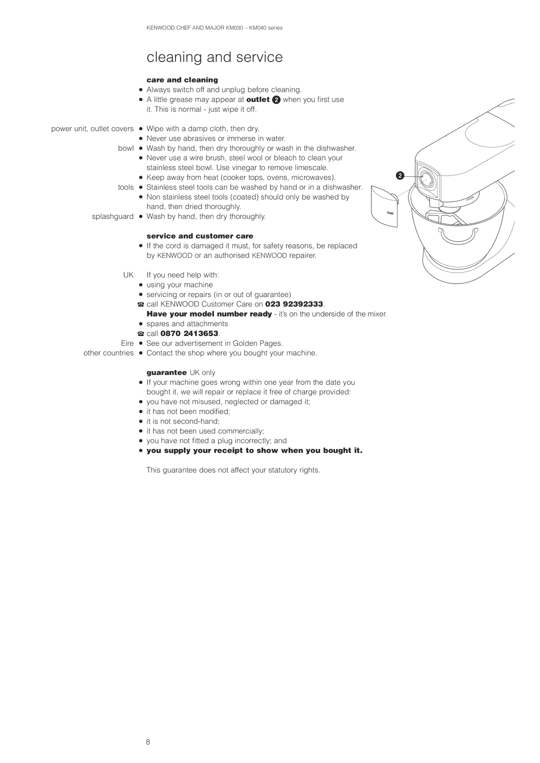 Kenwood Chef KM030 series/Major KM040 series manual Cleaning and service, Care and cleaning, Service and customer care 