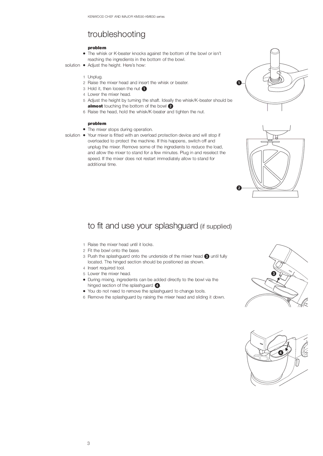 Kenwood Chef KM330 series/Major KM630 series manual Troubleshooting, To fit and use your splashguard if supplied, Problem 