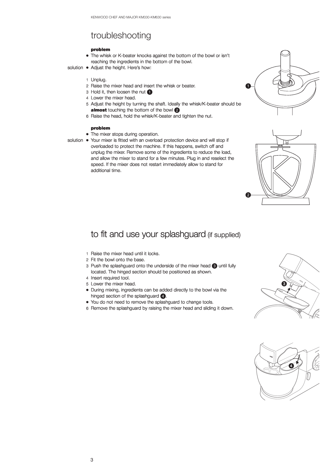 Kenwood Chef KM330 series/Major KM630 series manual troubleshooting, to fit and use your splashguard if supplied, problem 