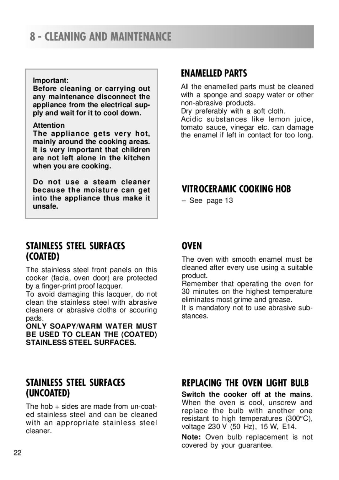 Kenwood CK 280 manual Cleaning and Maintenance, Enamelled Parts, Oven 