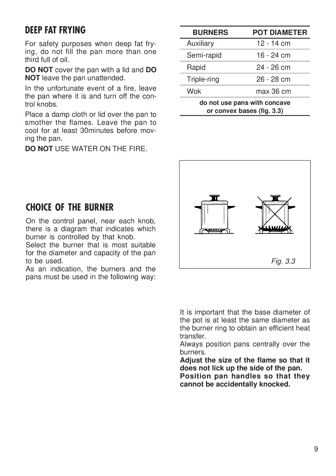 Kenwood CK 300 manual Deep FAT Frying, Choice of the Burner, Burners POT Diameter 