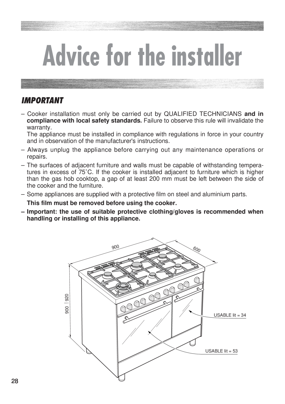 Kenwood CK 300 manual Advice for the installer, This film must be removed before using the cooker 
