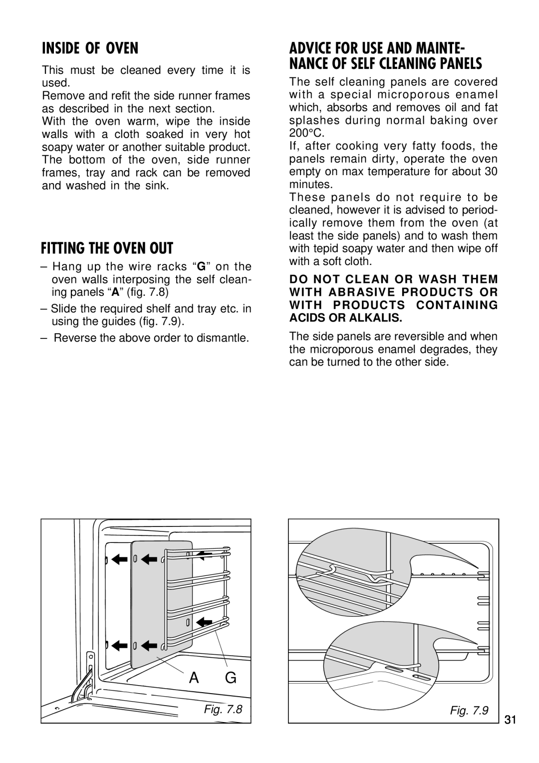 Kenwood CK 740 manual Inside Of Oven, Fitting The Oven Out, Advice For Use And Mainte- Nance Of Self Cleaning Panels 