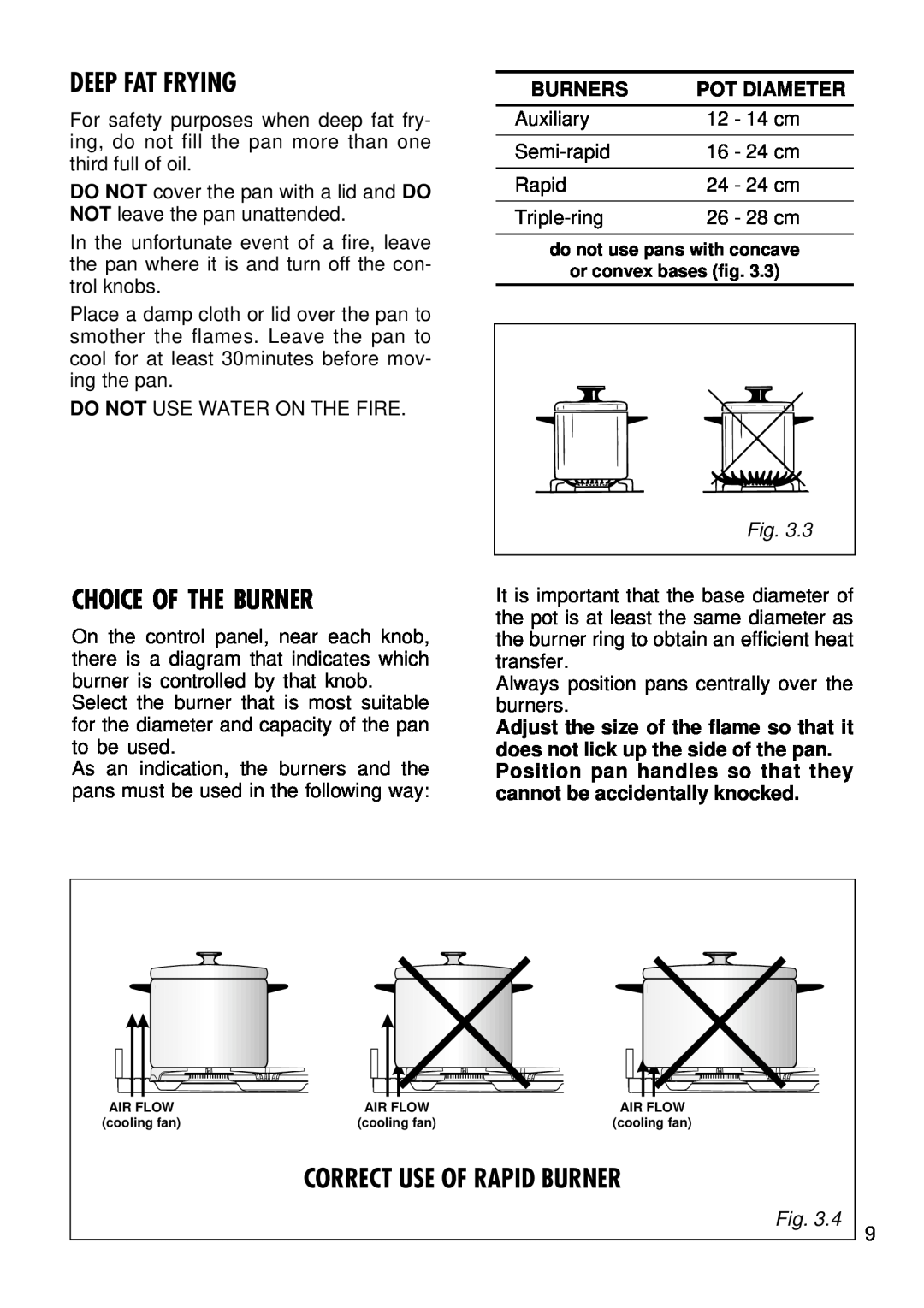 Kenwood CK 740 manual Deep Fat Frying, Choice Of The Burner, Correct Use Of Rapid Burner, Burners, Pot Diameter 
