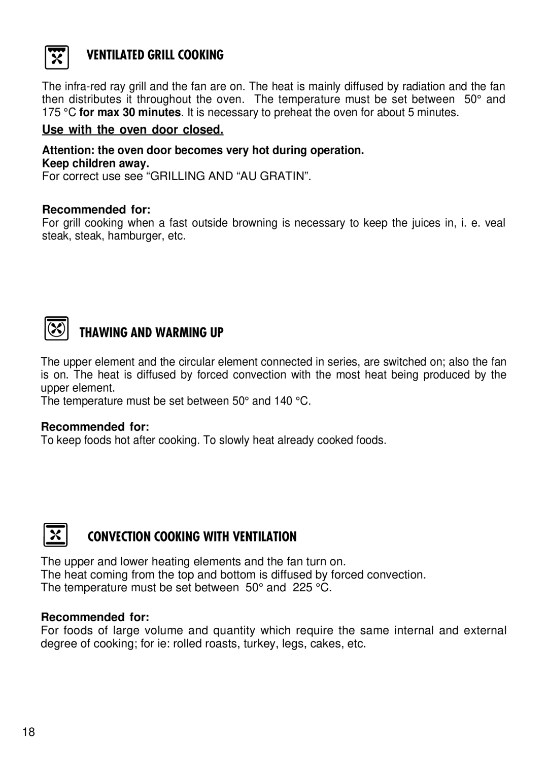 Kenwood CK 780 manual Ventilated Grill Cooking, Thawing and Warming UP, Convection Cooking with Ventilation 
