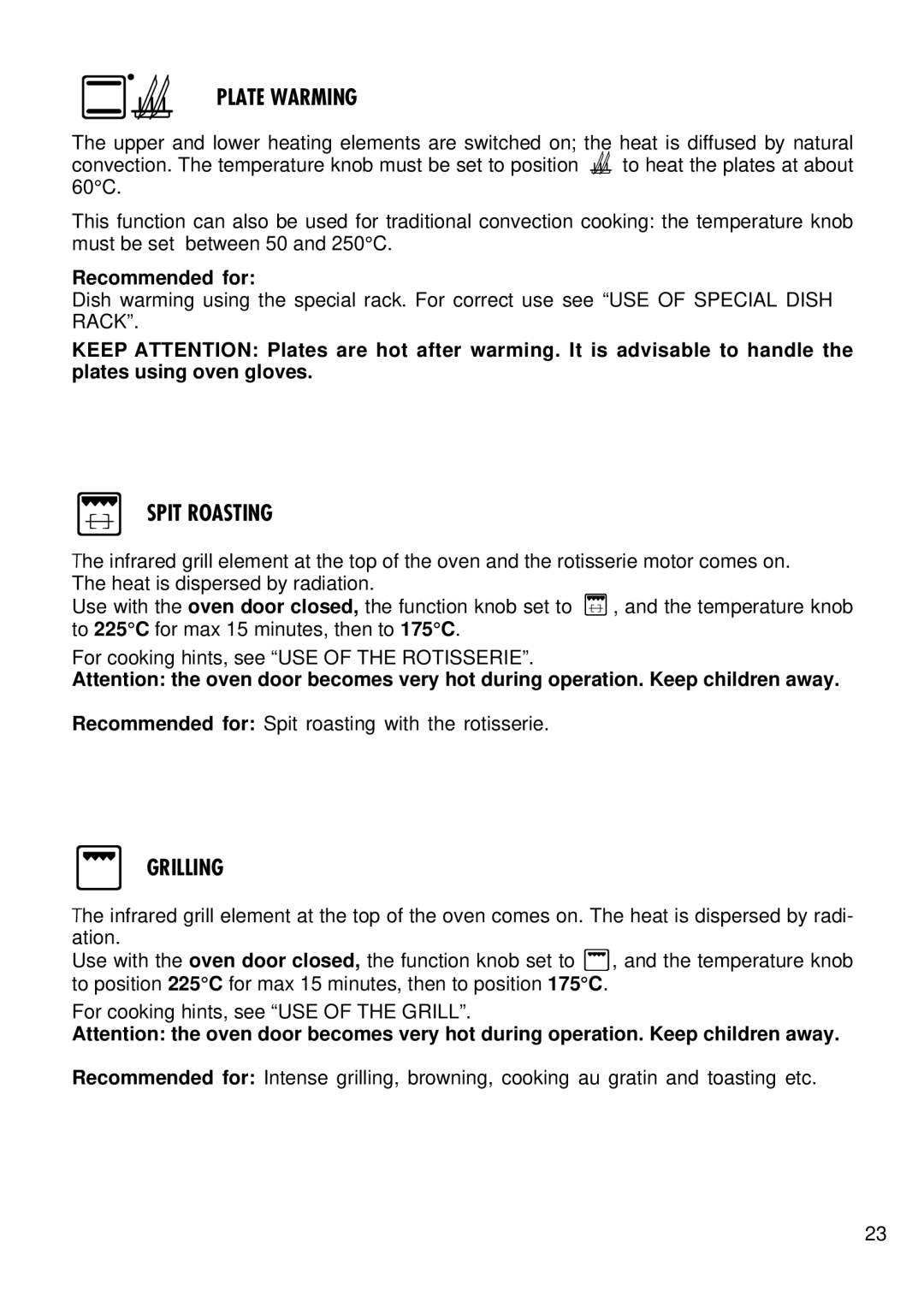 Kenwood CK 780 manual Plate Warming, Spit Roasting 