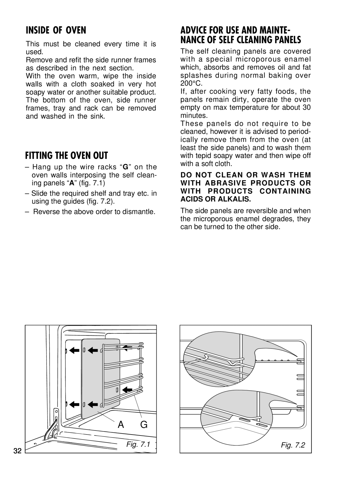 Kenwood CK 780 manual Inside Of Oven, Fitting The Oven Out, Advice For Use And Mainte- Nance Of Self Cleaning Panels 