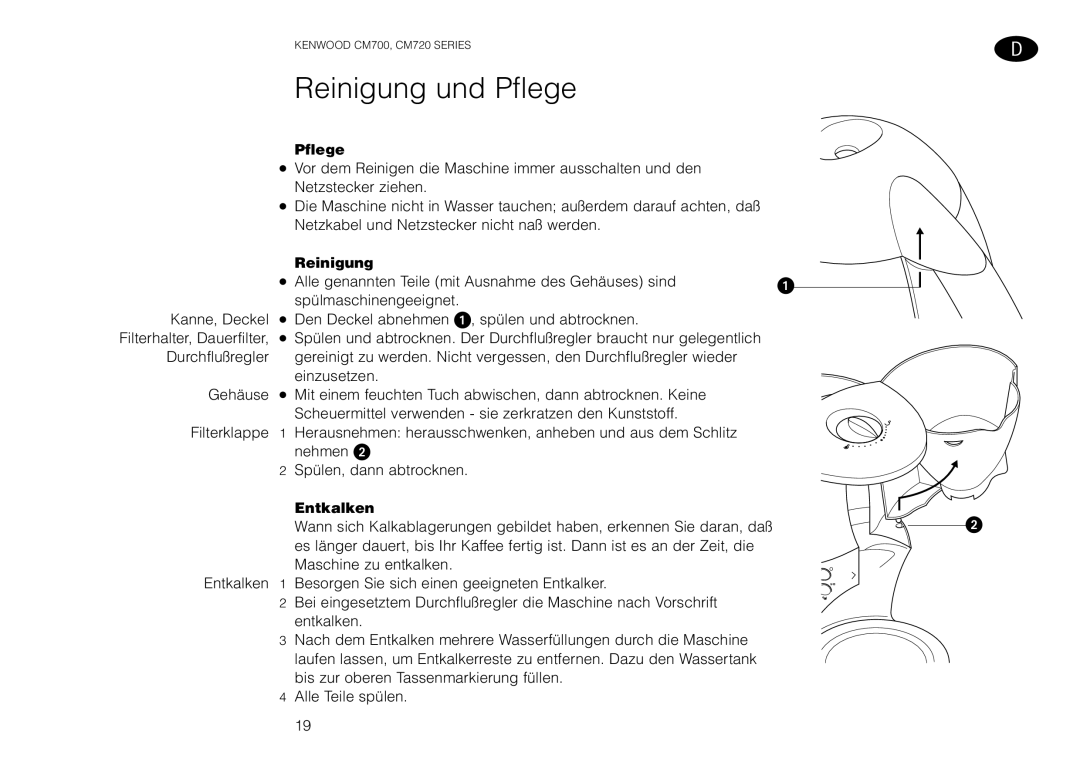 Kenwood CM700, CM720 manual Reinigung und Pflege, Entkalken 