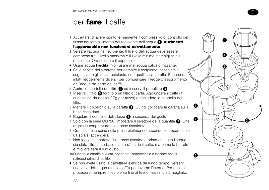 Kenwood CM700, CM720 manual Per fare il caffè, ’apparecchio non funzionerà correttamente 