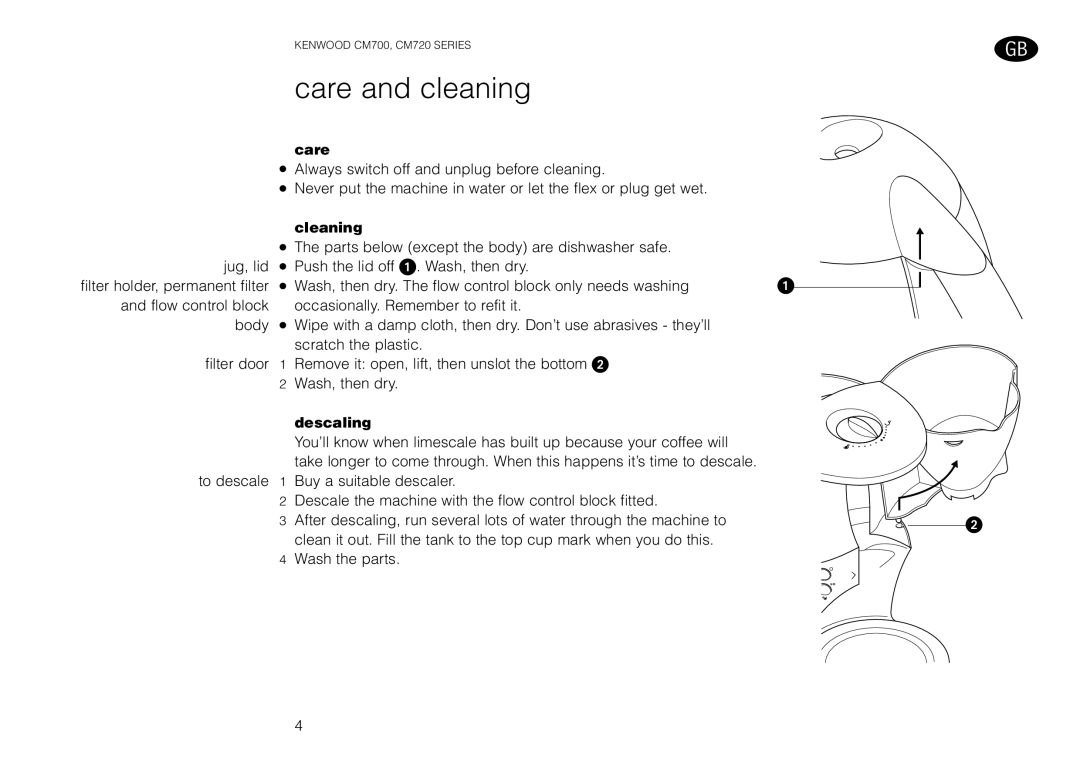 Kenwood CM720, CM700 manual Care and cleaning, Cleaning, Descaling 