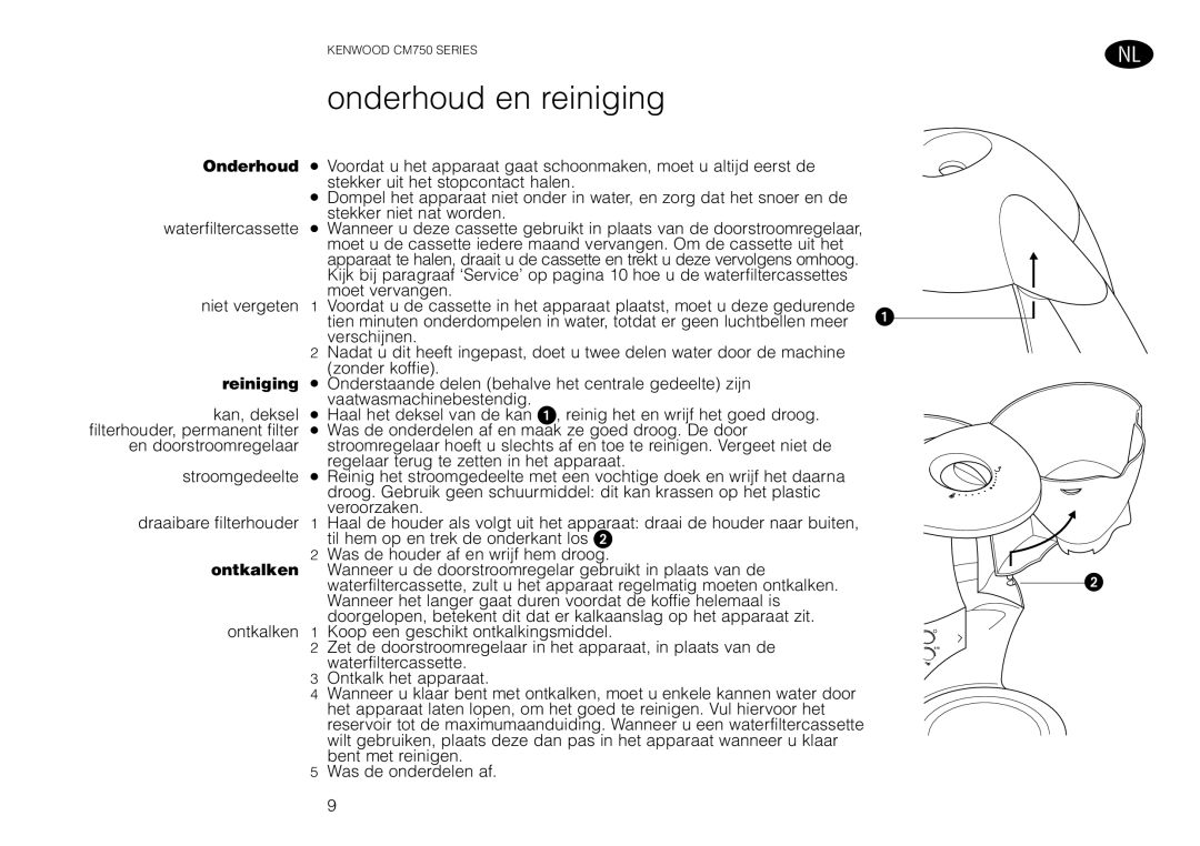 Kenwood CM750 manual Onderhoud en reiniging, Reiniging, Ontkalken 