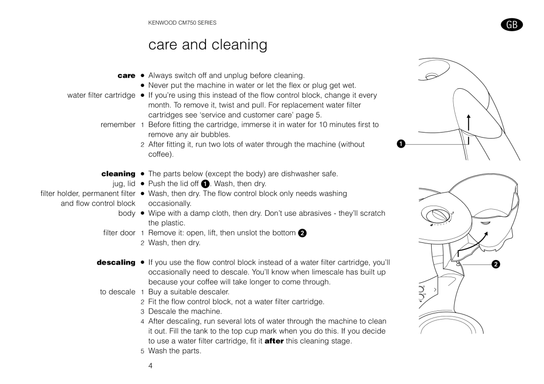 Kenwood CM750 manual Care and cleaning, Cleaning, Descaling 