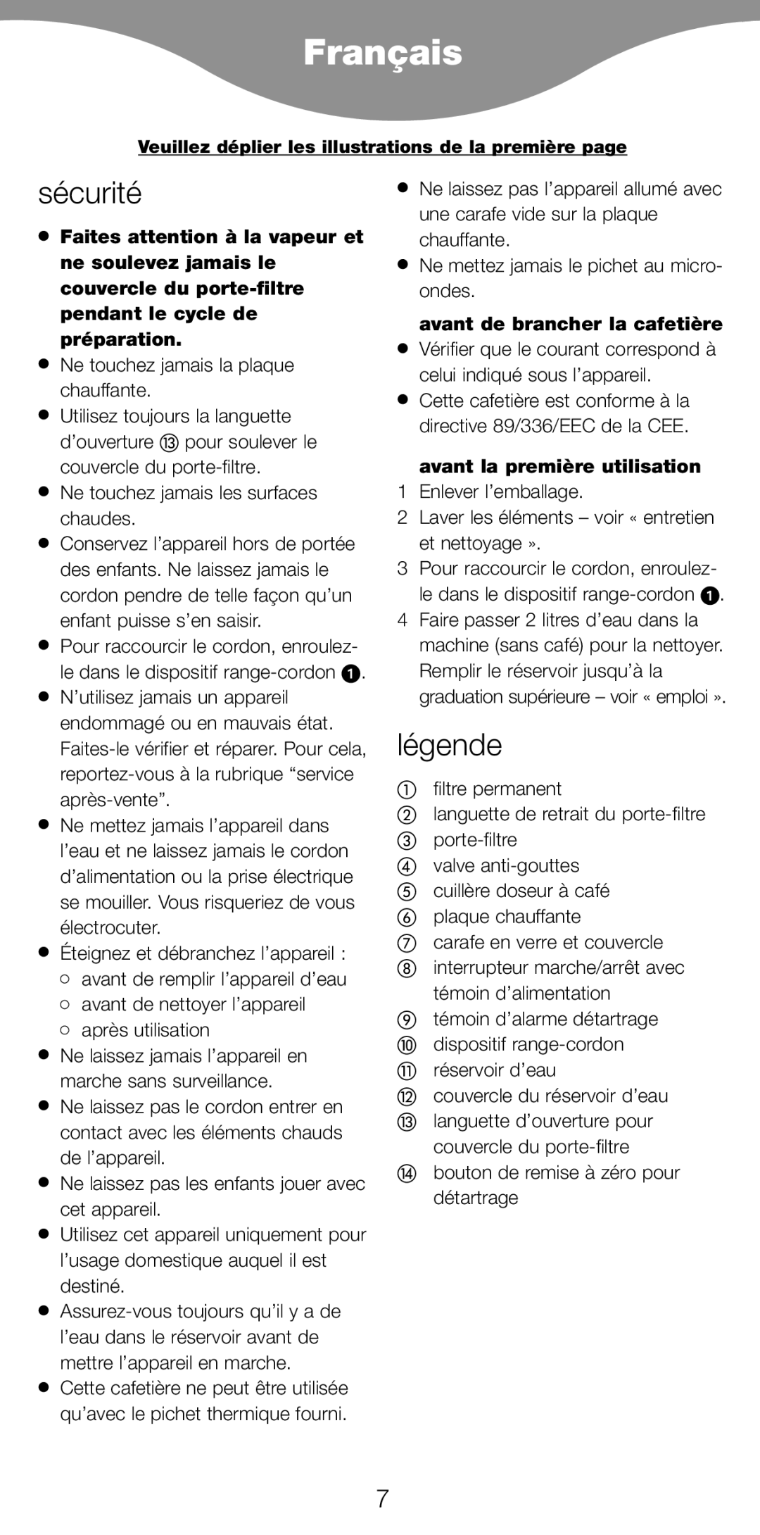 Kenwood CM900 manual Français, Sécurité, Légende, Avant de brancher la cafetière, Avant la première utilisation 