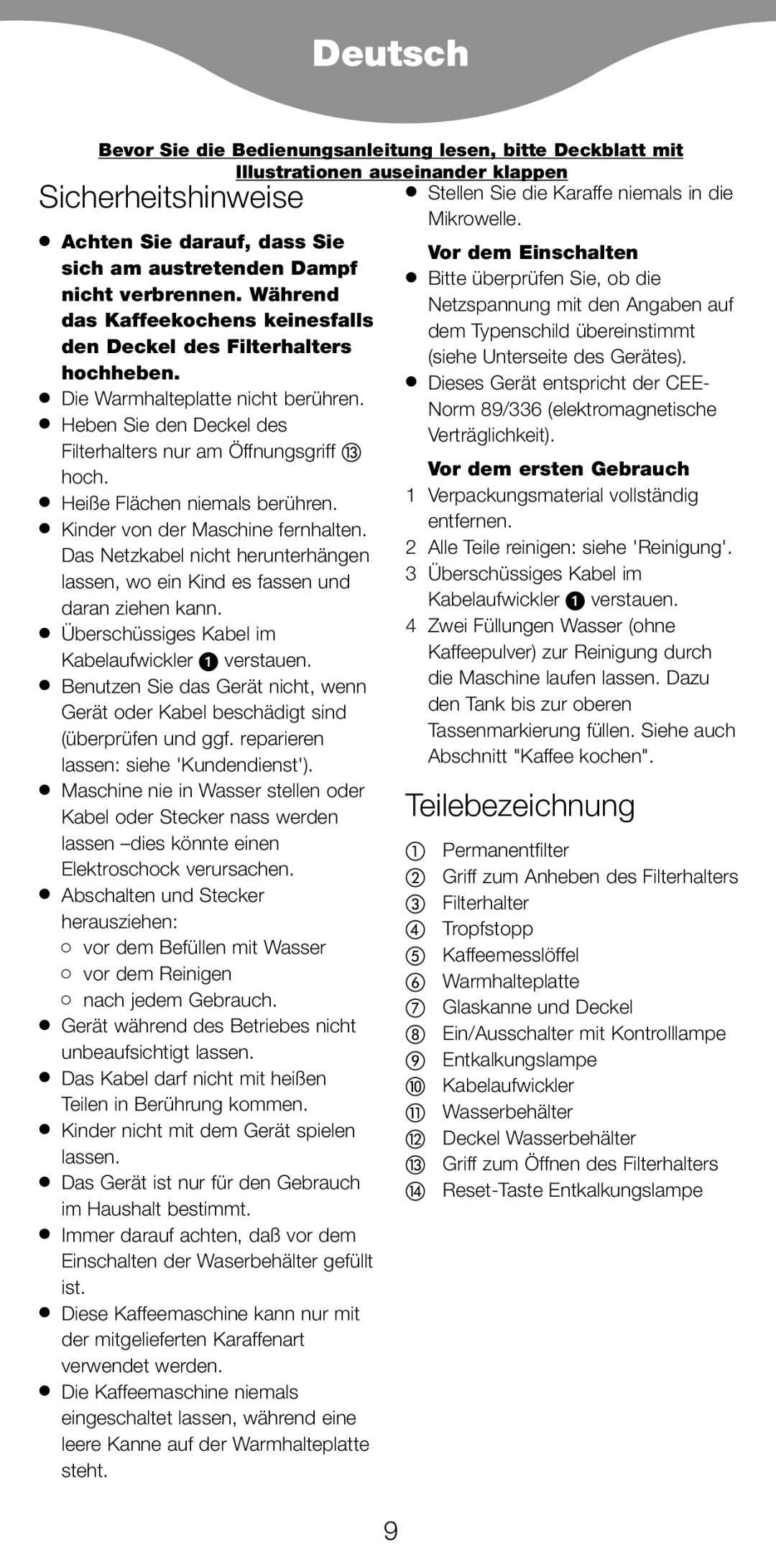 Kenwood CM900 manual Deutsch, Sicherheitshinweise, Teilebezeichnung, Vor dem Einschalten, Vor dem ersten Gebrauch 