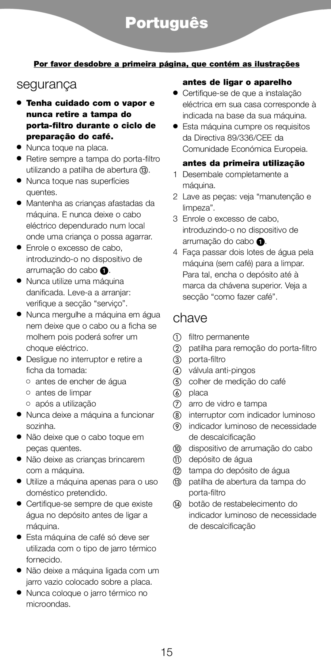 Kenwood CM900 manual Português, Segurança, Chave, Antes de ligar o aparelho, Antes da primeira utilização 