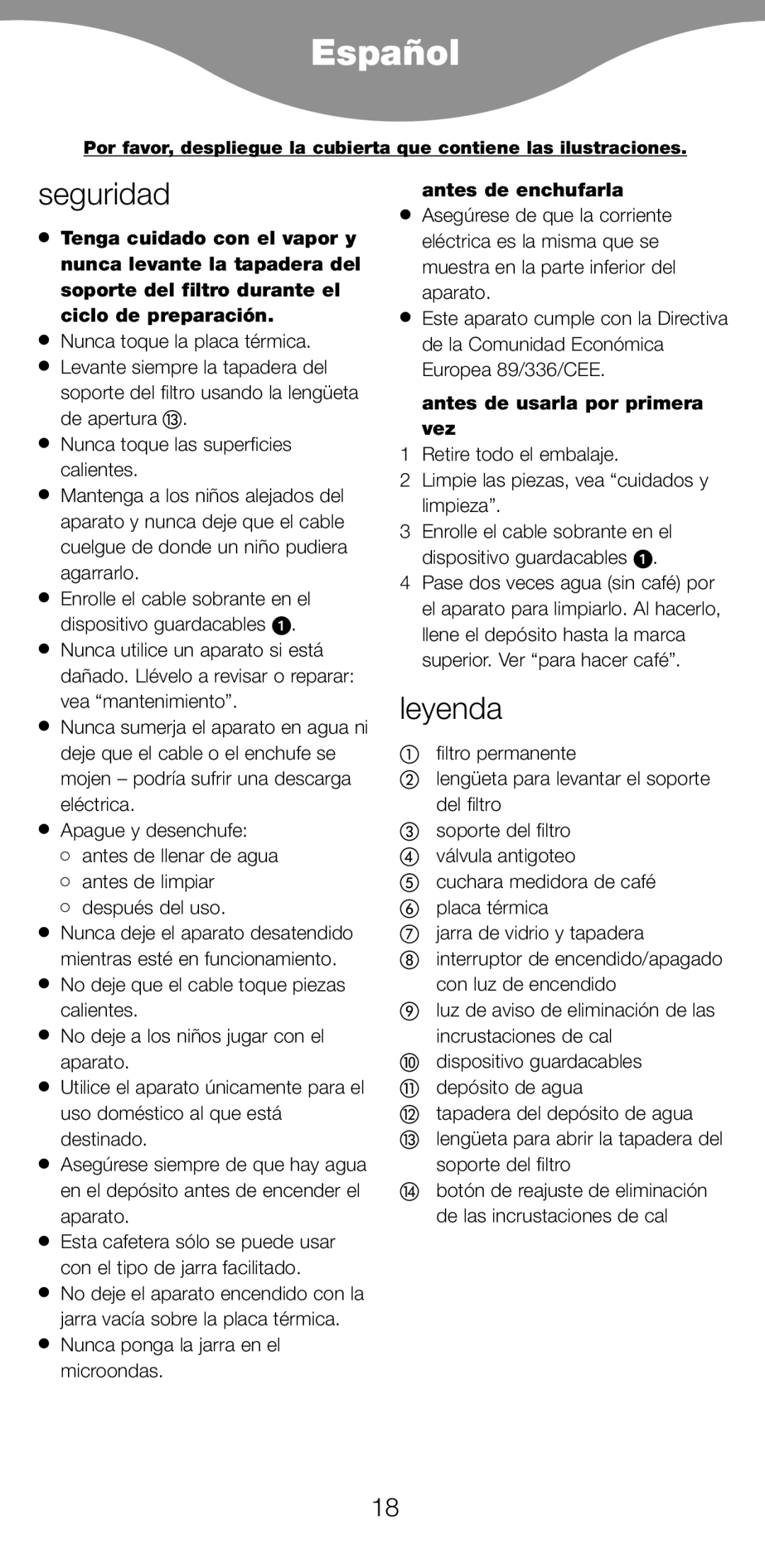 Kenwood CM900 manual Español, Seguridad, Leyenda, Antes de enchufarla, Antes de usarla por primera vez 