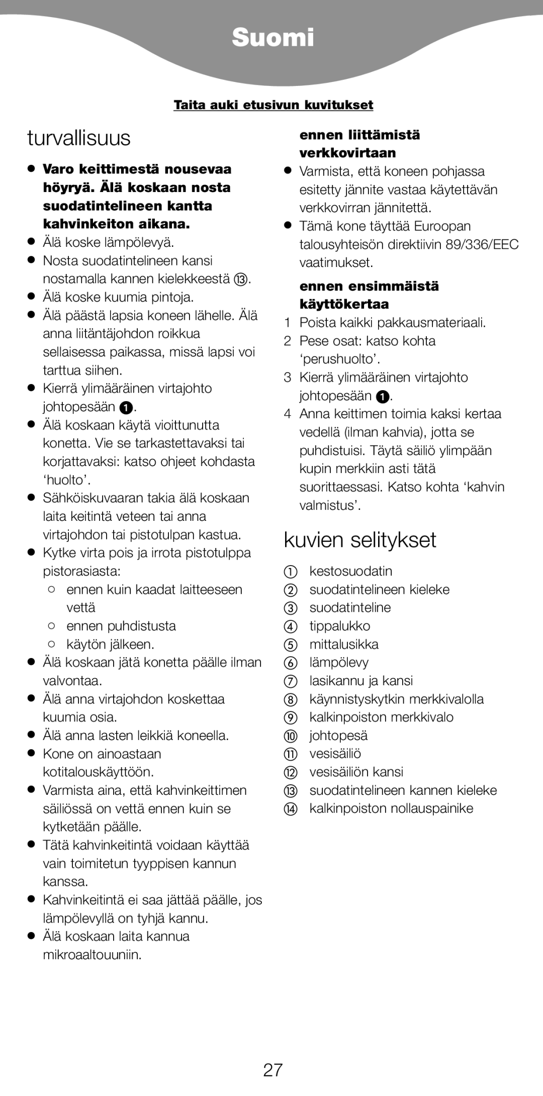 Kenwood CM900 Suomi, Turvallisuus, Kuvien selitykset, Ennen liittämistä verkkovirtaan, Ennen ensimmäistä käyttökertaa 