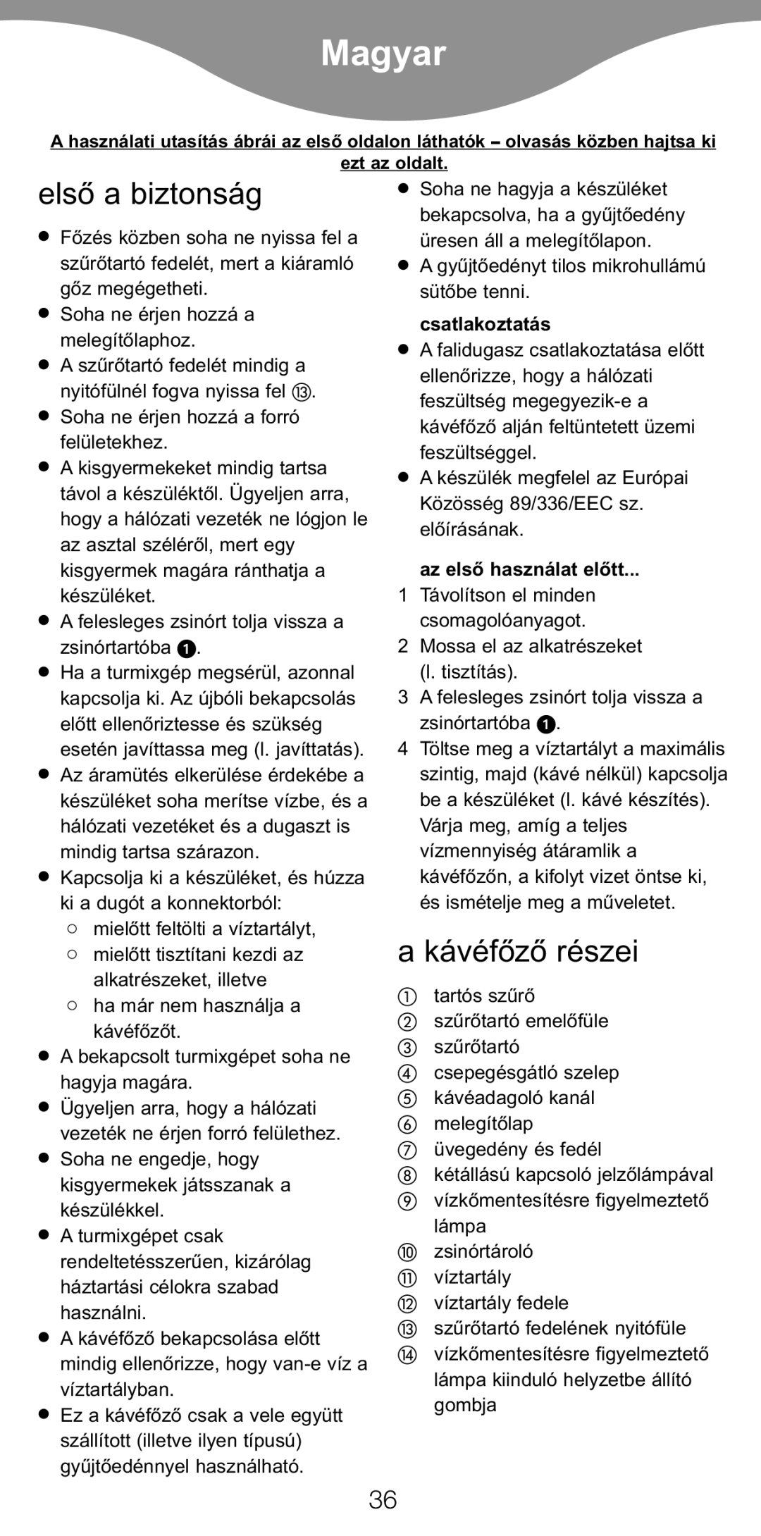 Kenwood CM900 manual Magyar, Elsò a biztonság, Kávéfòzò részei, Csatlakoztatás, Az elsò használat elòtt 