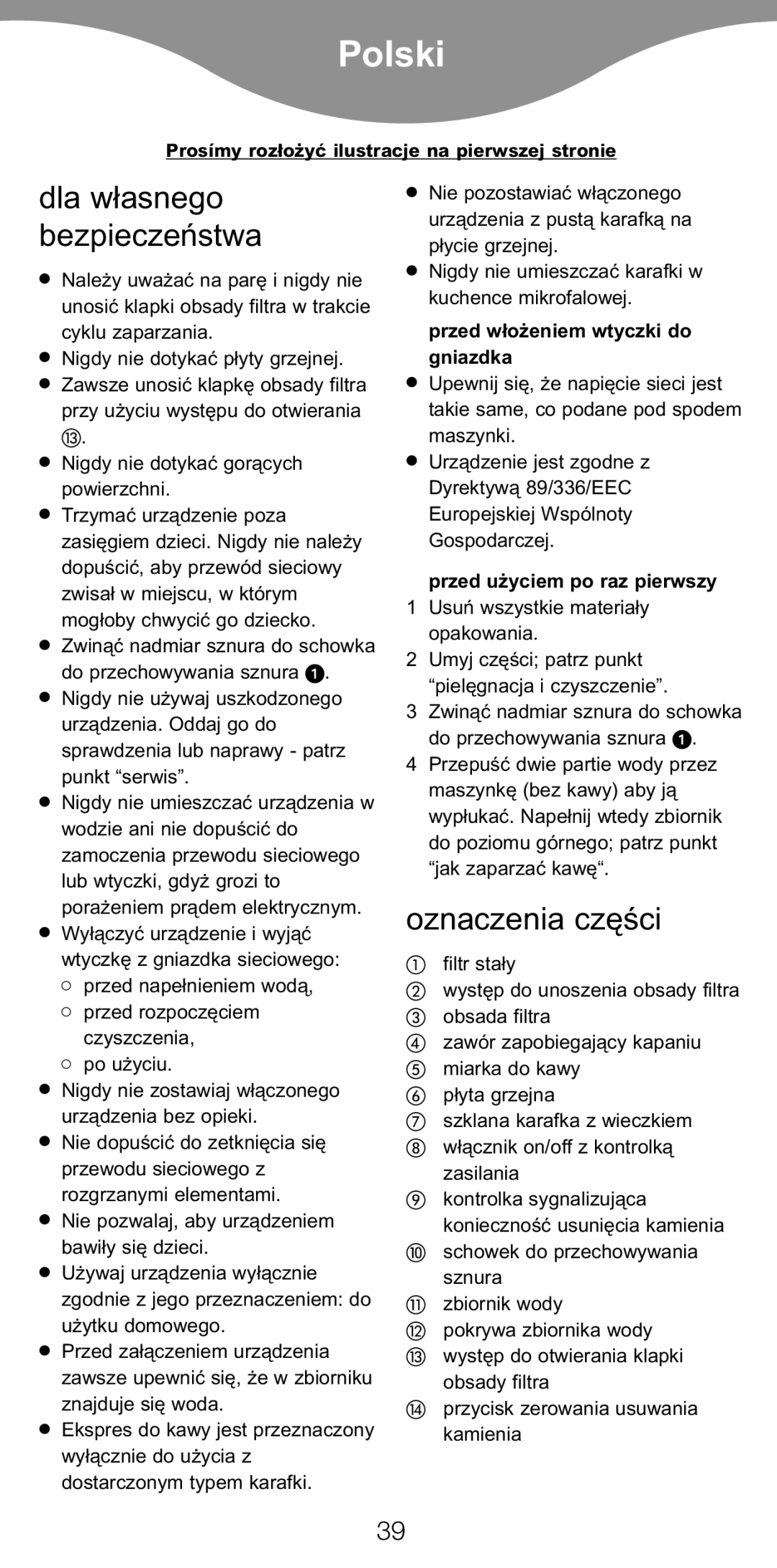 Kenwood CM900 manual Polski, Dla w¢asnego bezpieczeæstwa, Oznaczenia czëÿci, Przed w¢o¯eniem wtyczki do gniazdka 