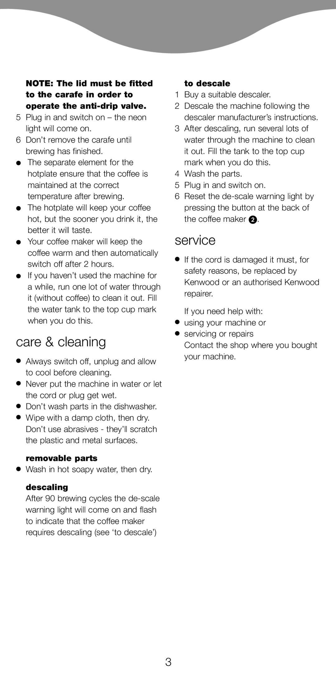 Kenwood CM900 manual Care & cleaning, Service, Removable parts, Descaling, To descale 