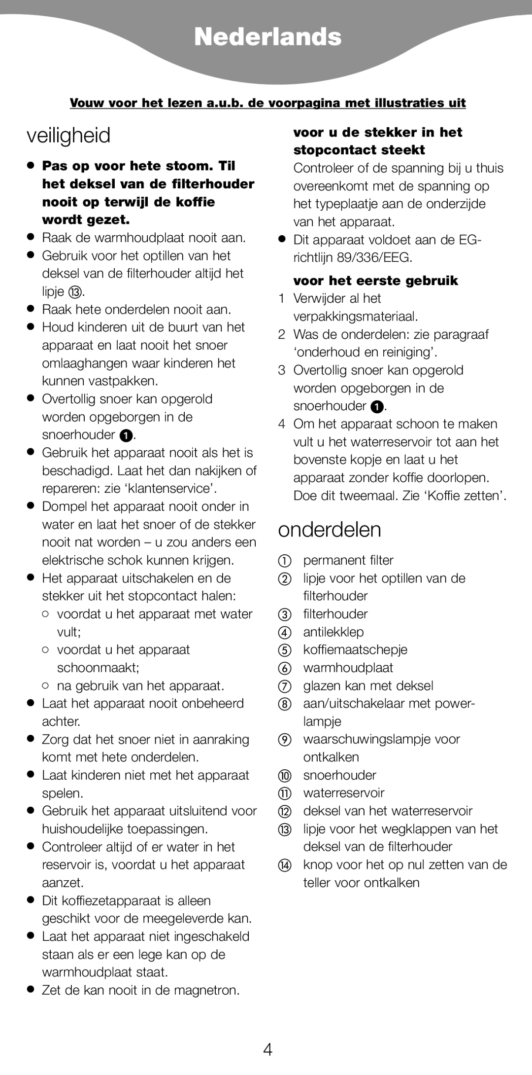 Kenwood CM900 manual Nederlands, Veiligheid, Onderdelen, Voordat u het apparaat met water vult, Voor het eerste gebruik 