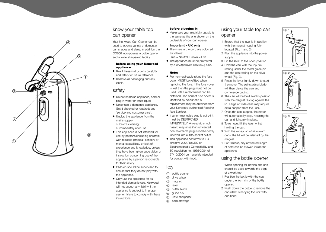 Kenwood CO606 manual Know your table top, Can opener, Safety, Key, Using your table top can opener 