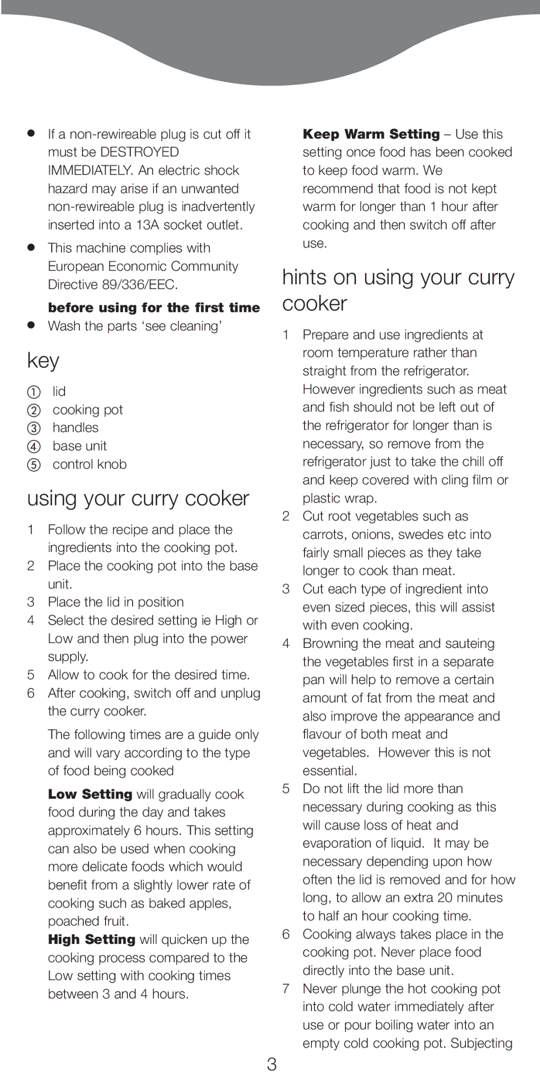 Kenwood CP665 manual Key, Using your curry cooker, Hints on using your curry cooker, Before using for the first time 