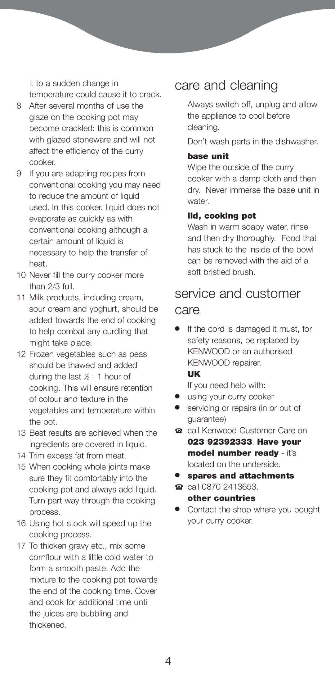 Kenwood CP665 manual Care and cleaning, Service and customer care, Base unit, Lid, cooking pot 