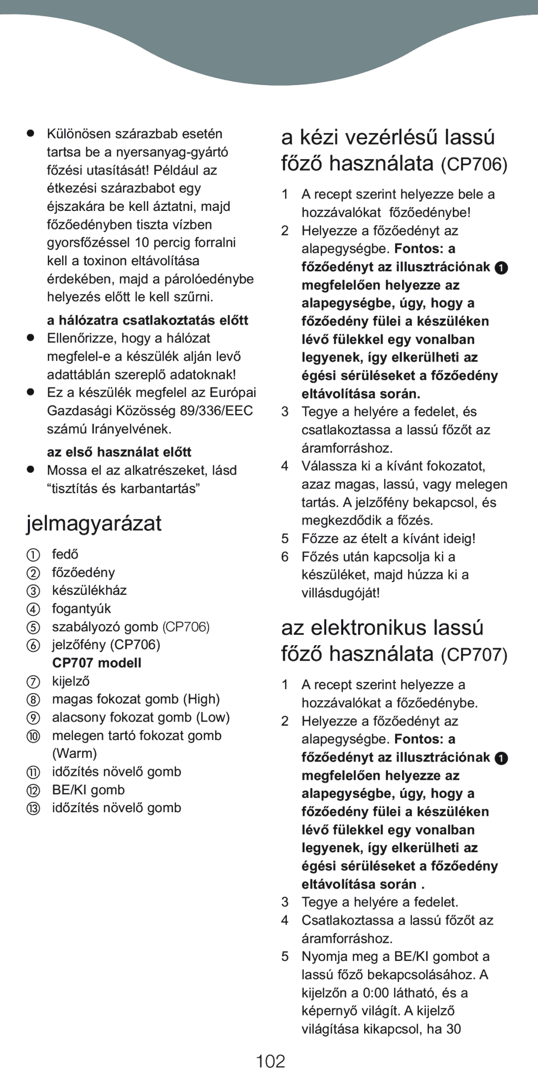 Kenwood Jelmagyarázat, Kézi vezérlésű lassú főző használata CP706, Az elektronikus lassú főző használata CP707, 102 