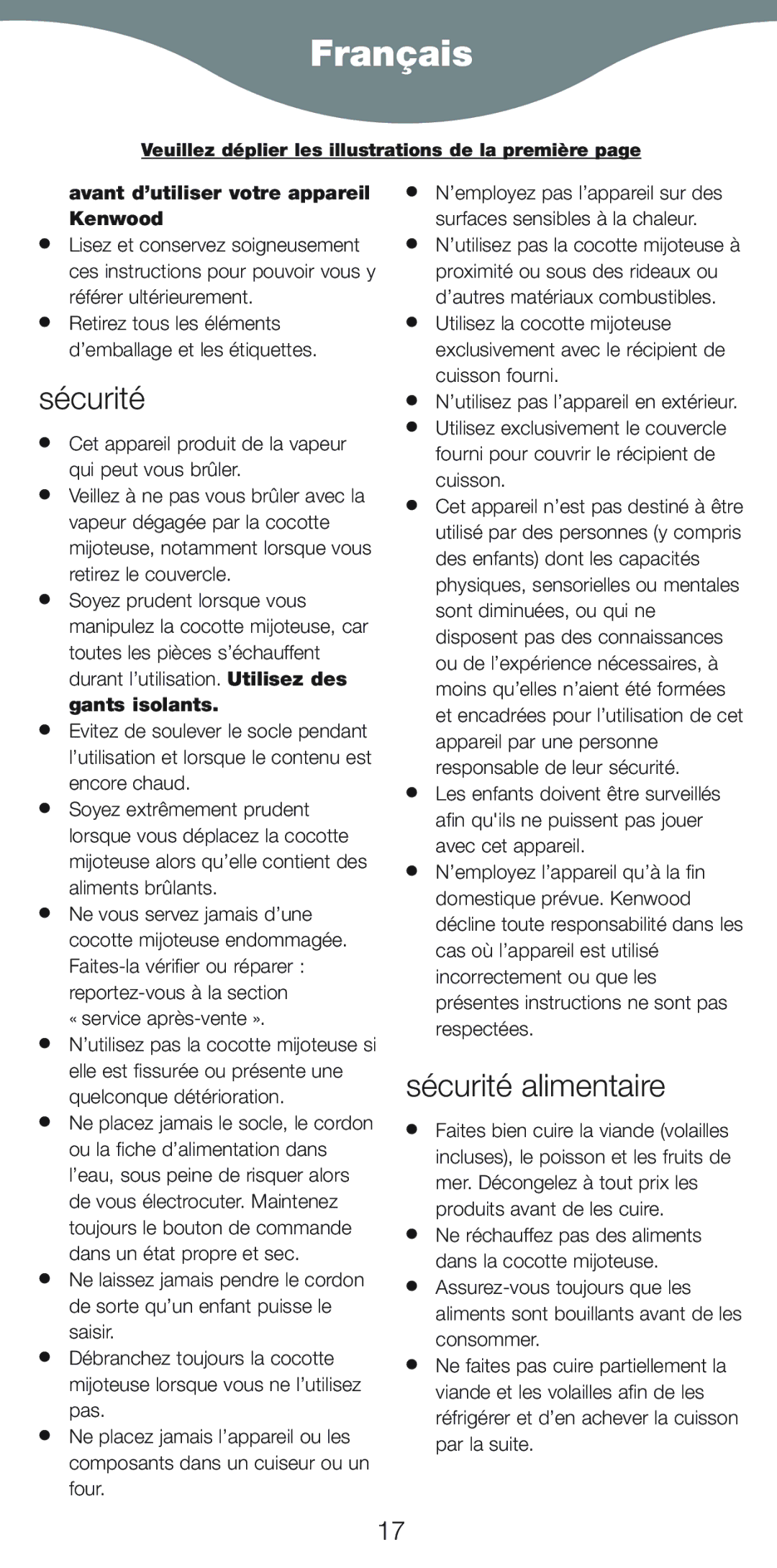 Kenwood CP707, CP706 manual Français, Sécurité alimentaire, Avant d’utiliser votre appareil Kenwood 